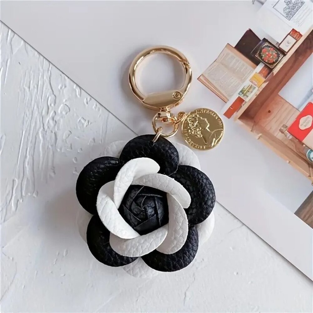 Handmade Black & White Camellia Leather Flower Keychain w Gold Coin Charm - Picture 1 of 7